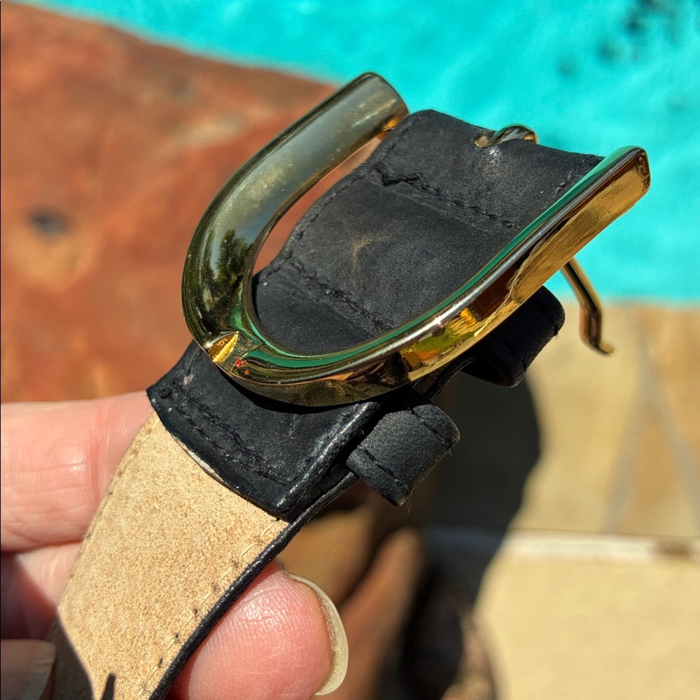 Ellen Tracy Black Leather Belt with Gold Buckle L - Picture 6 of 14